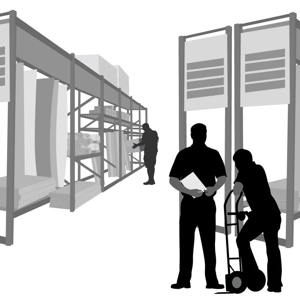 black and white graphic of workers in a warehouse from Floor Fashions of Virginia in the Charlottesville, VA area