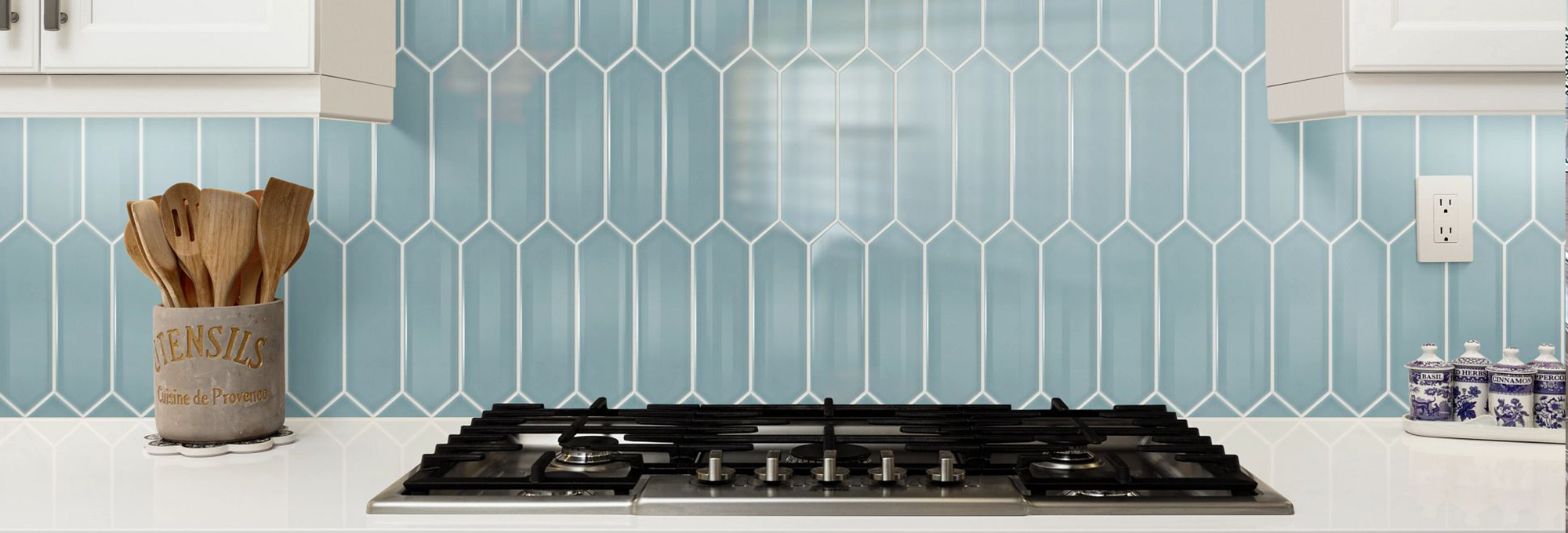 Blue tiled kitchen backsplash from Floor Fashions of Virginia in the Charlottesville, VA area